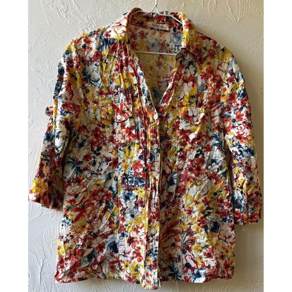 Eden & Olivia Women’s Blouse L Multicolor Floral Collared 3/4 Sleeve Button-Up